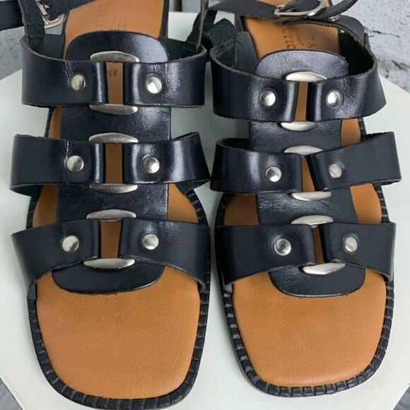 Vintage 90s Fishermans Sandals Black Leather Square Toe Low Block Heel - Picture 5 of 11
